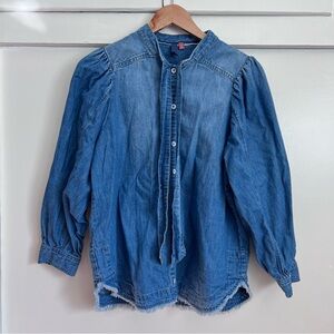 ANTHROPOLOGIE Pilcro Denim Top with Puff Sleeves and Tie Neck Button Up Size M